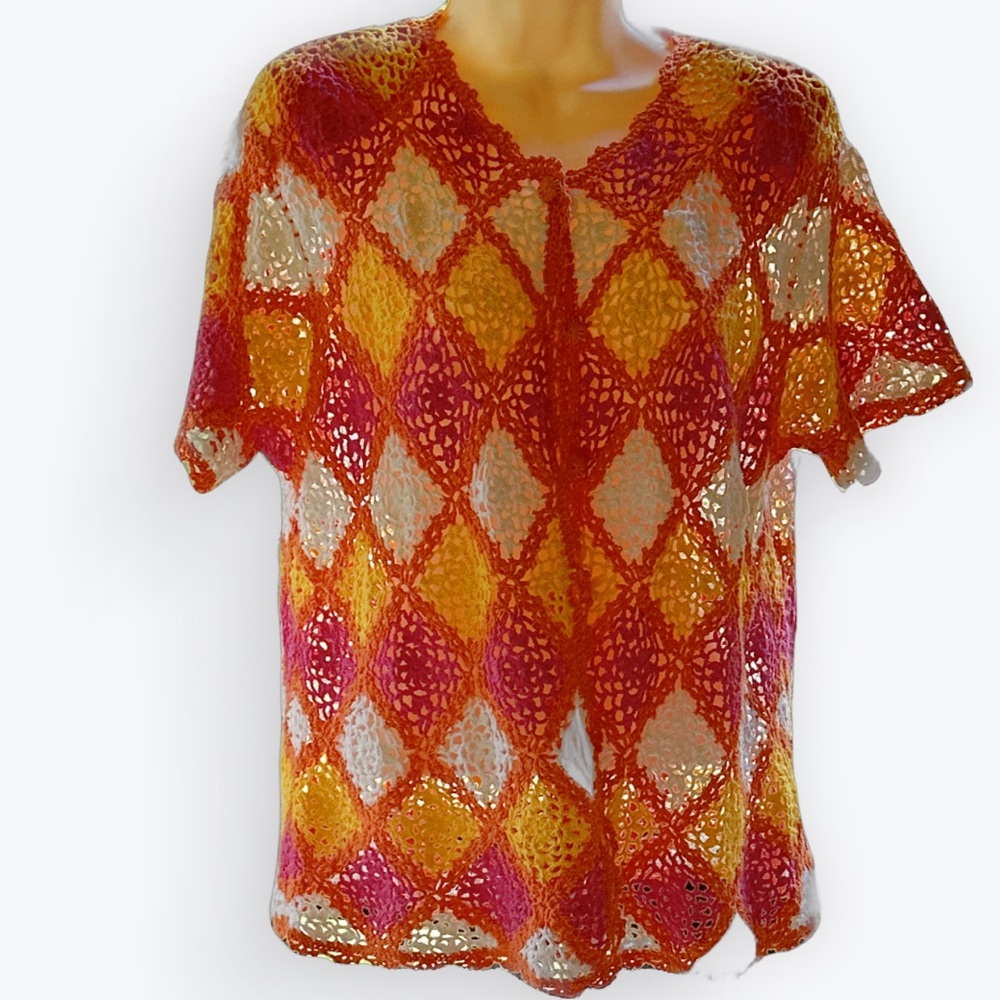 70s Vibe Vintage Boho Hippie Cottage Crochet Short-Sleeve Button Up Sweater ~ M